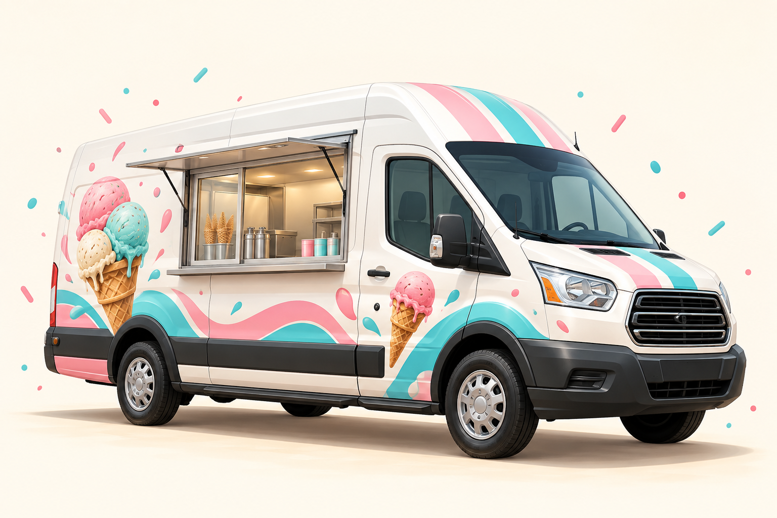 Concept illustration of a white extended high-roof ice cream van with pink and turquoise accents
